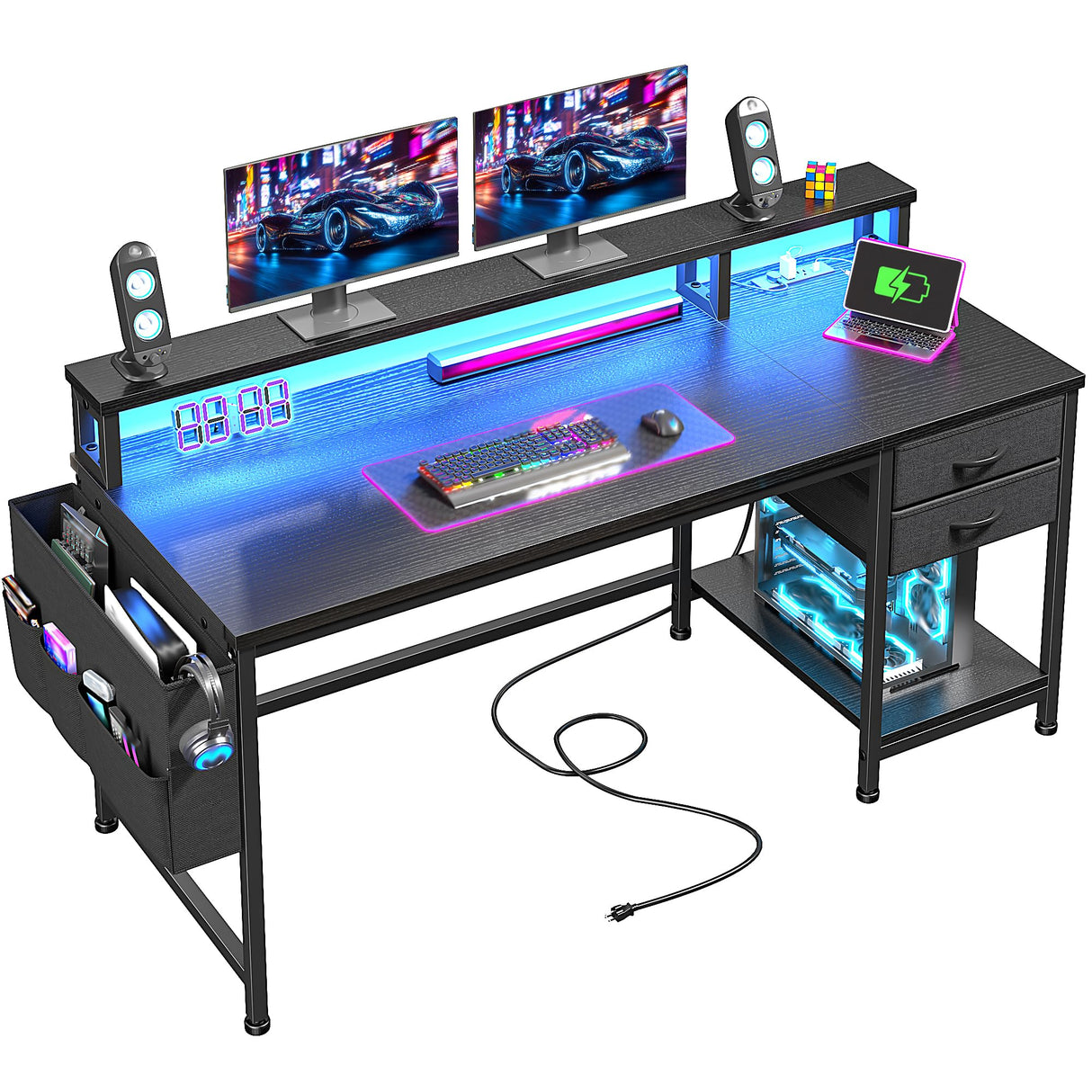 48" Computer Desk with LED Strip, Gaming Desk with Drawers & Storage Bag