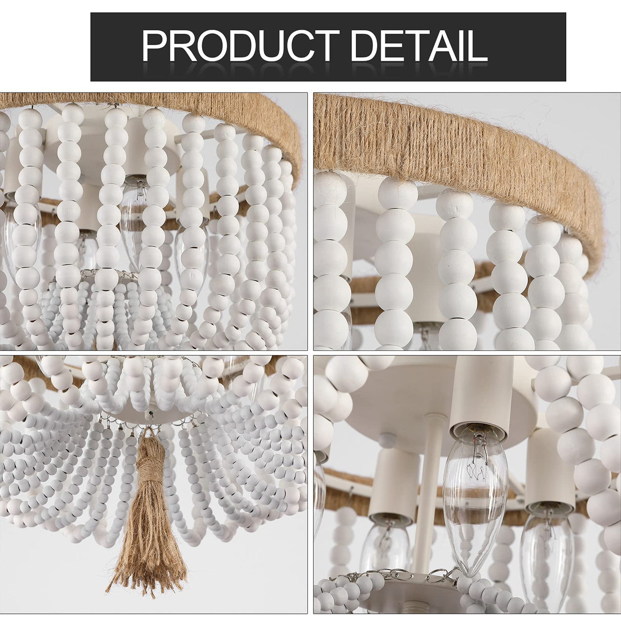 Beaded Light Fixture Flush Mount Ceiling Light White Bohemia Antique Farmhouse Wood