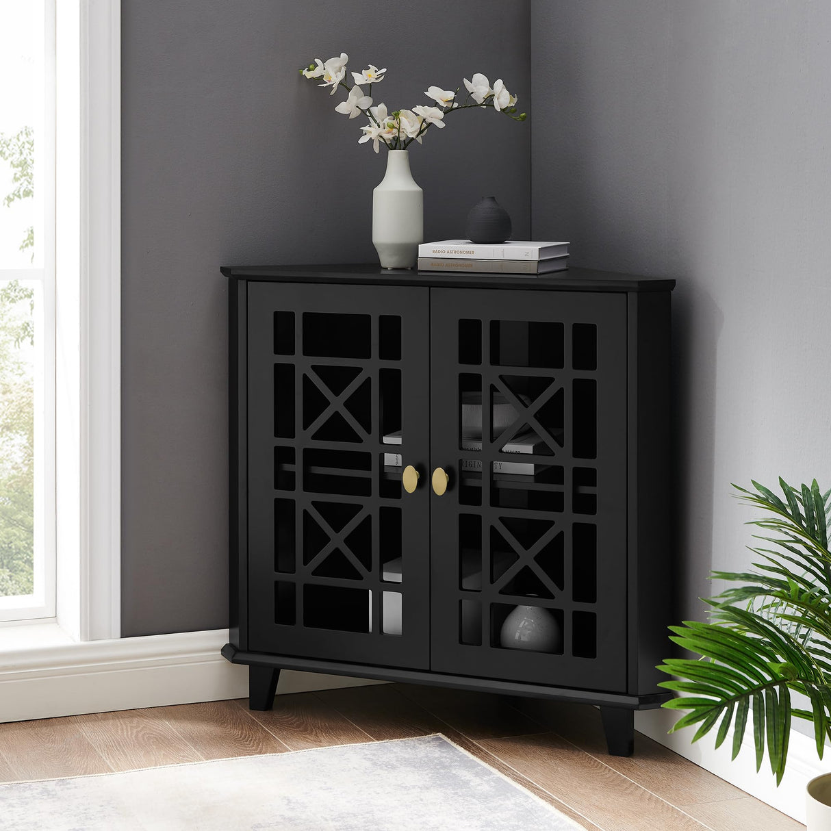 Ronne 2 Door Corner Accent Table with Fretwork Detail, 32 Inch, Black