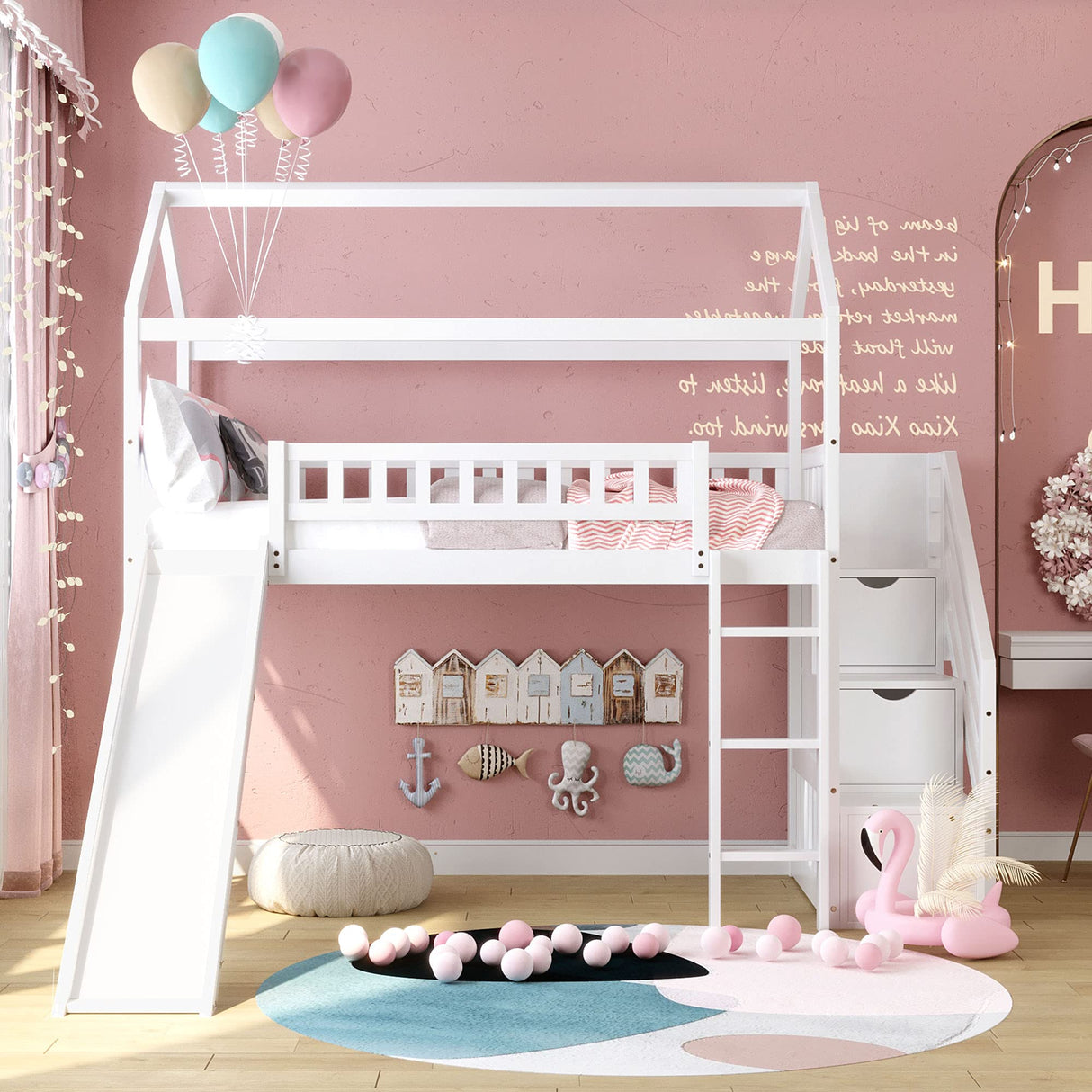 House Bed Loft Bed with Slide, Twin Loft Bed with Stairs and Storage