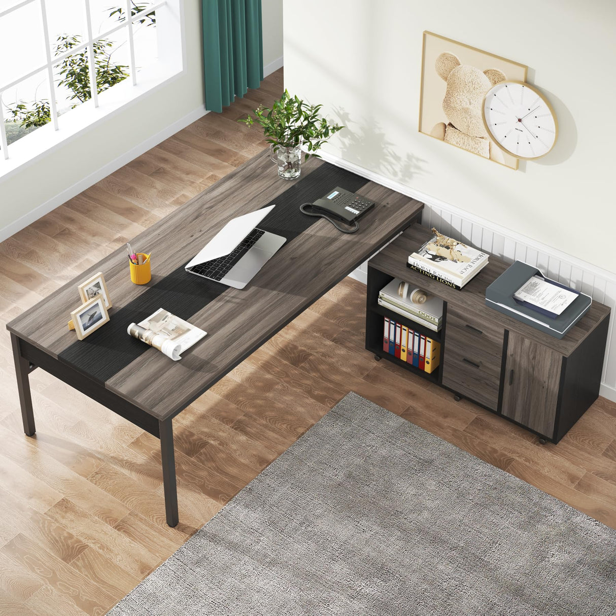 70.8" Executive Desk with Lateral File Cabinet, Modern Thickened Wooden Workstation L-Shaped Computer Desk Large Home Office Writing Desk for Home Office