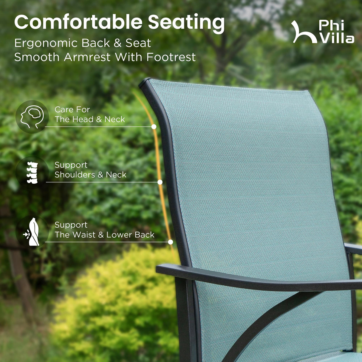 PHI VILLA 5 Piece Outdoor Bar Set, High Top Patio Bistro Bar Table and 4 Outdoor Swivel Bar Stools Chairs with Teal Textilene Fabric for Outside, Balcony, Garden and Yard