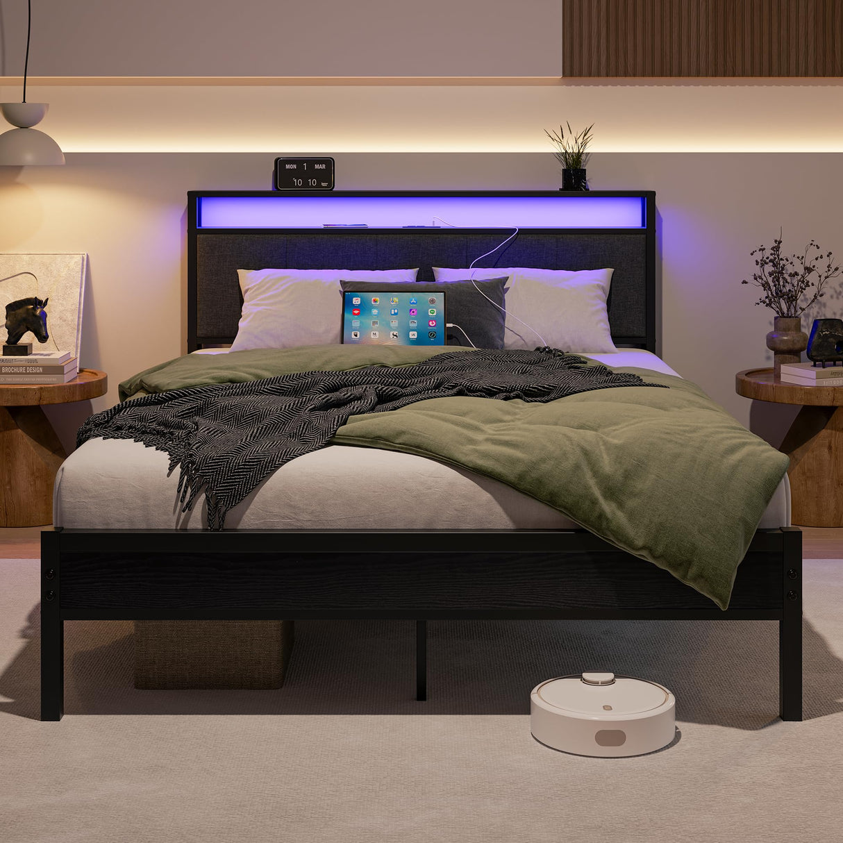 Queen Bed Frame with Headboard Storage,Upholstered Platform Bed Frame Queen Size