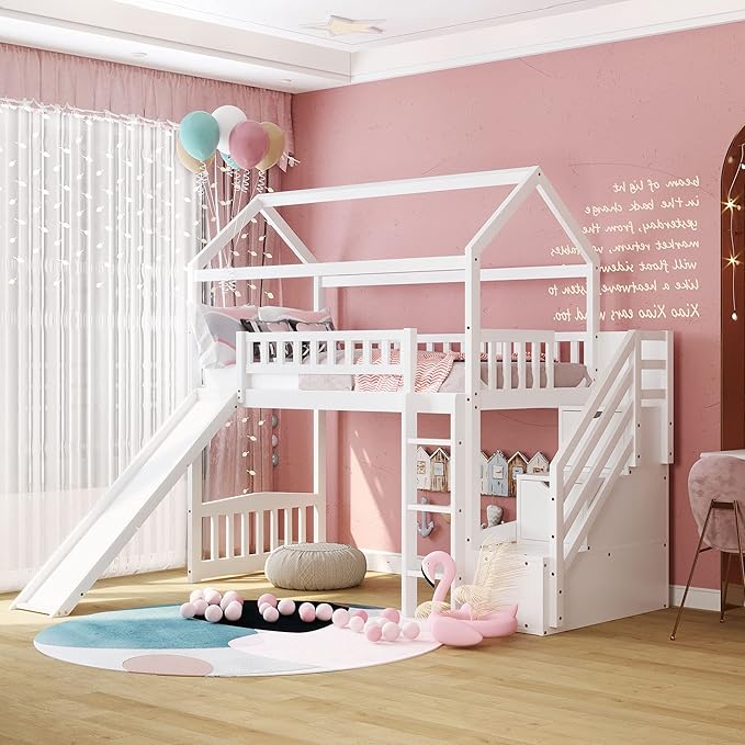 House Bed Loft Bed with Slide, Twin Loft Bed with Stairs and Storage