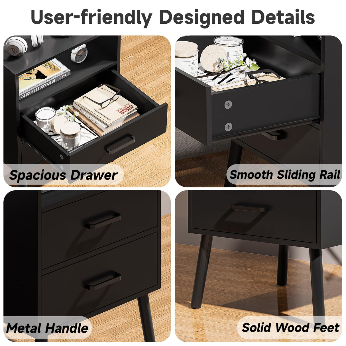 Nightstand with Charging Station and LED Lights, Night Stand with Drawers and Open