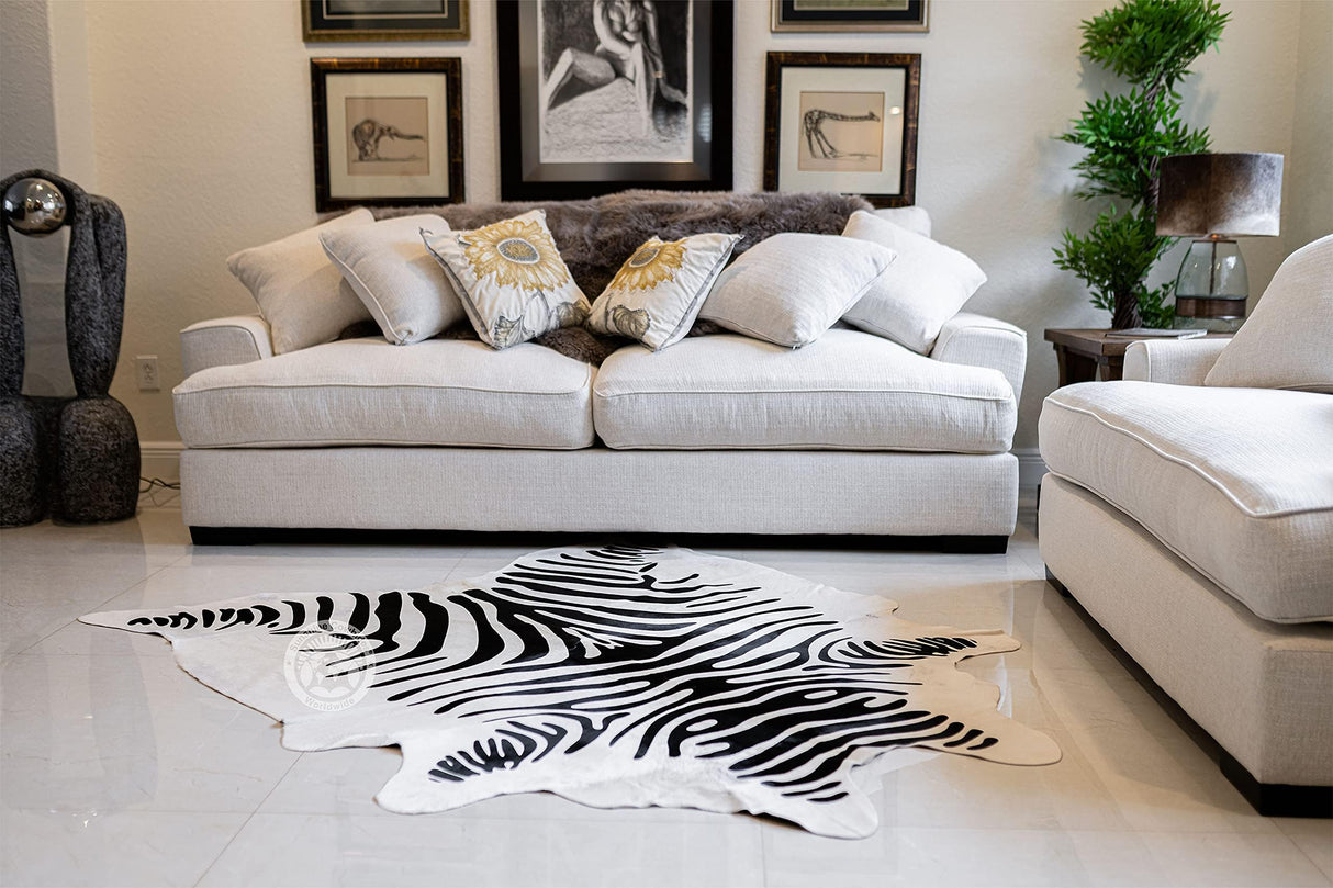 100% Genuine Zebra Print Black on Off White Cowhide Rug - Modern Style Animal