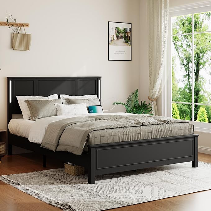 Wooden Bed Frame Queen Size with Headboard, Farmhouse Platform Bedframe