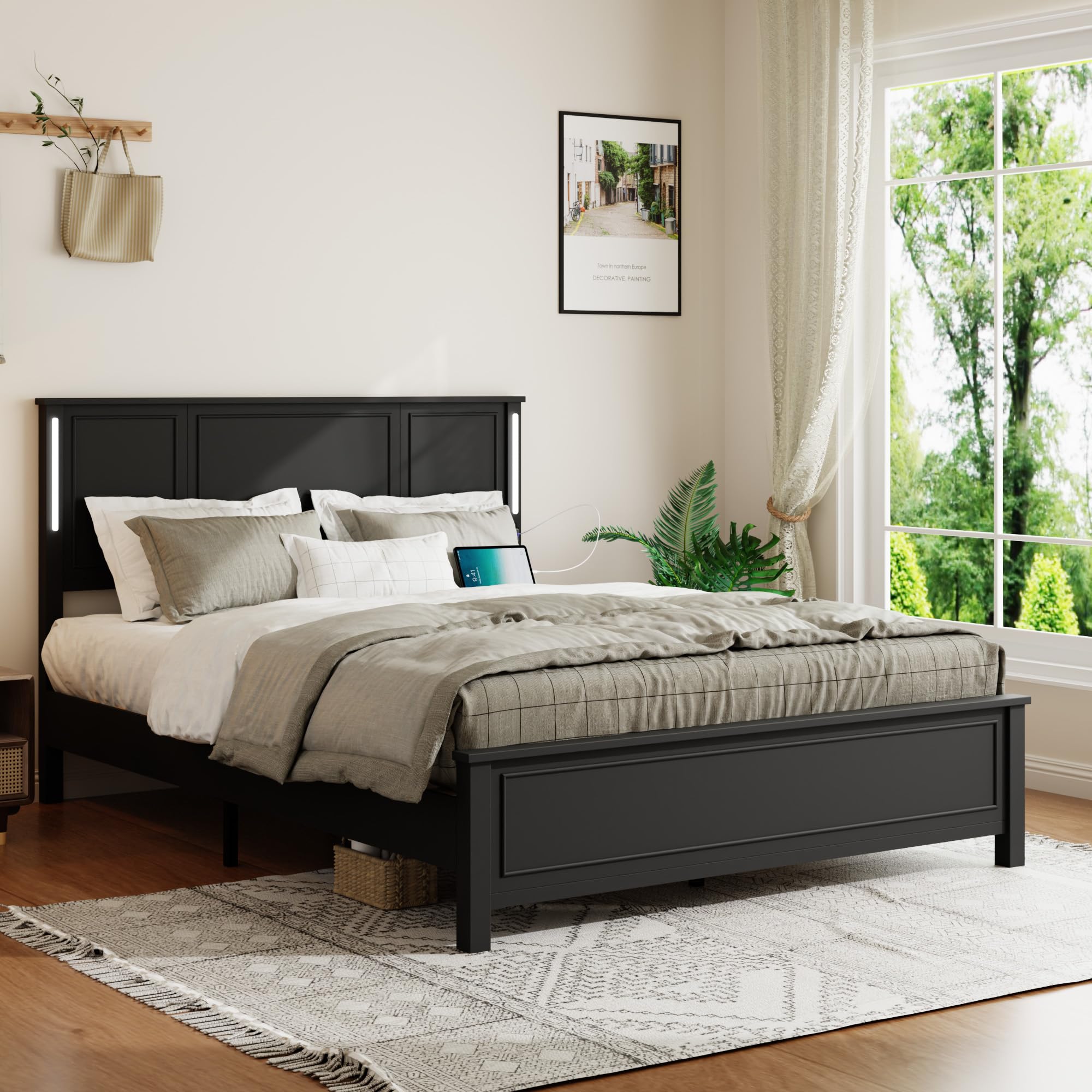 Wooden Bed Frame Queen Size with Headboard, Farmhouse Platform Bedframe