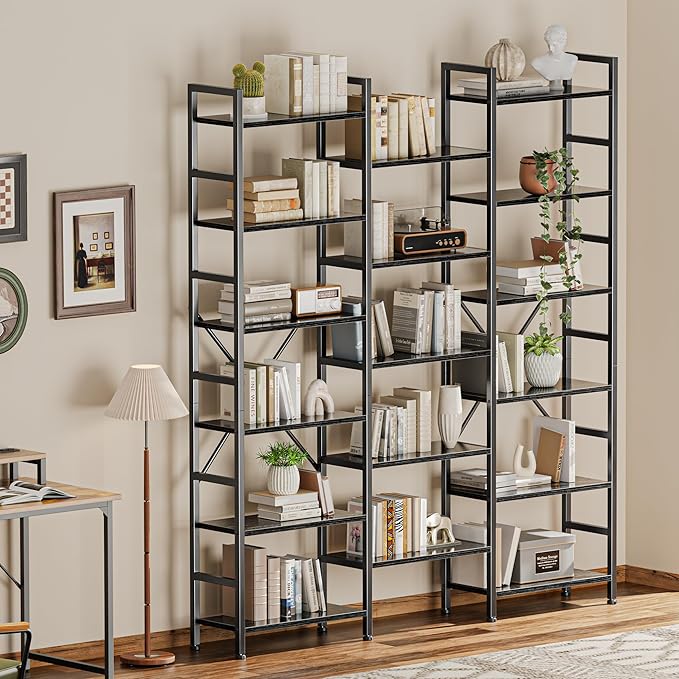 Triple 4 Tier Bookshelf, Bookcase with 11 Open Display Shelves, Wide Book Shelf Book Case for Home & Office, Rustic Brown