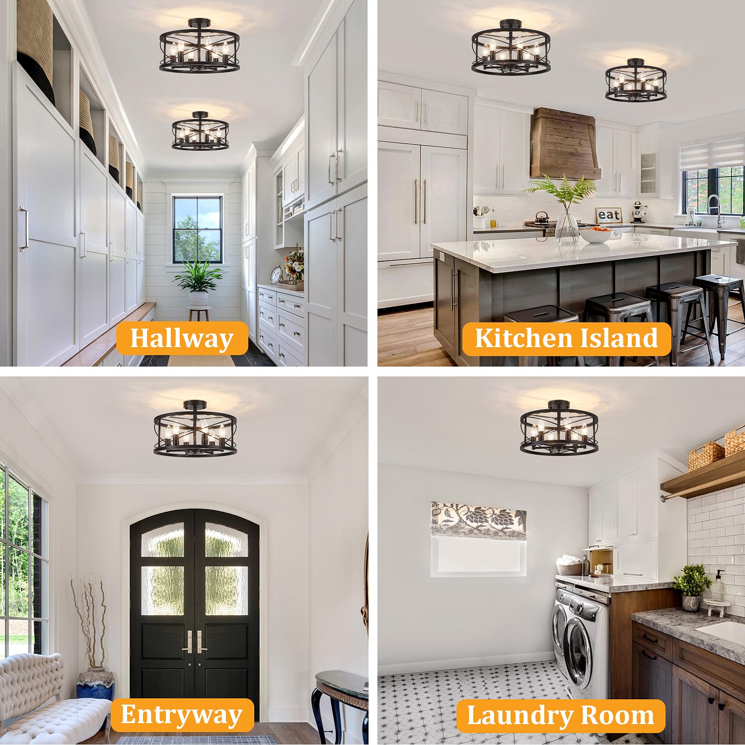 TOULMJ 6-Light Black Semi Flush Mount Ceiling Light, Modern Entryway Light Fixtures, Farmhouse Light Fixtures Ceiling Mount for Kitchen Island Laundry Hallway Dining Room, UL-Listed