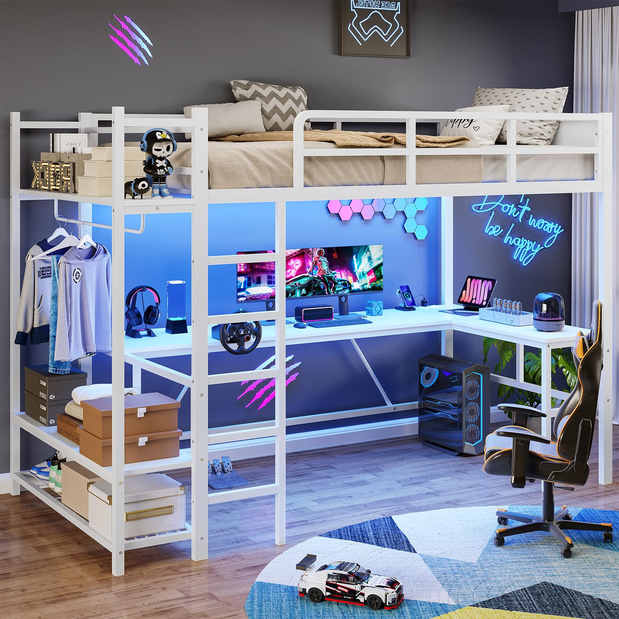 Loft Bed with L-Shaped Desk, LED Lights and Charging Sation, Loft Bed Twin Size with