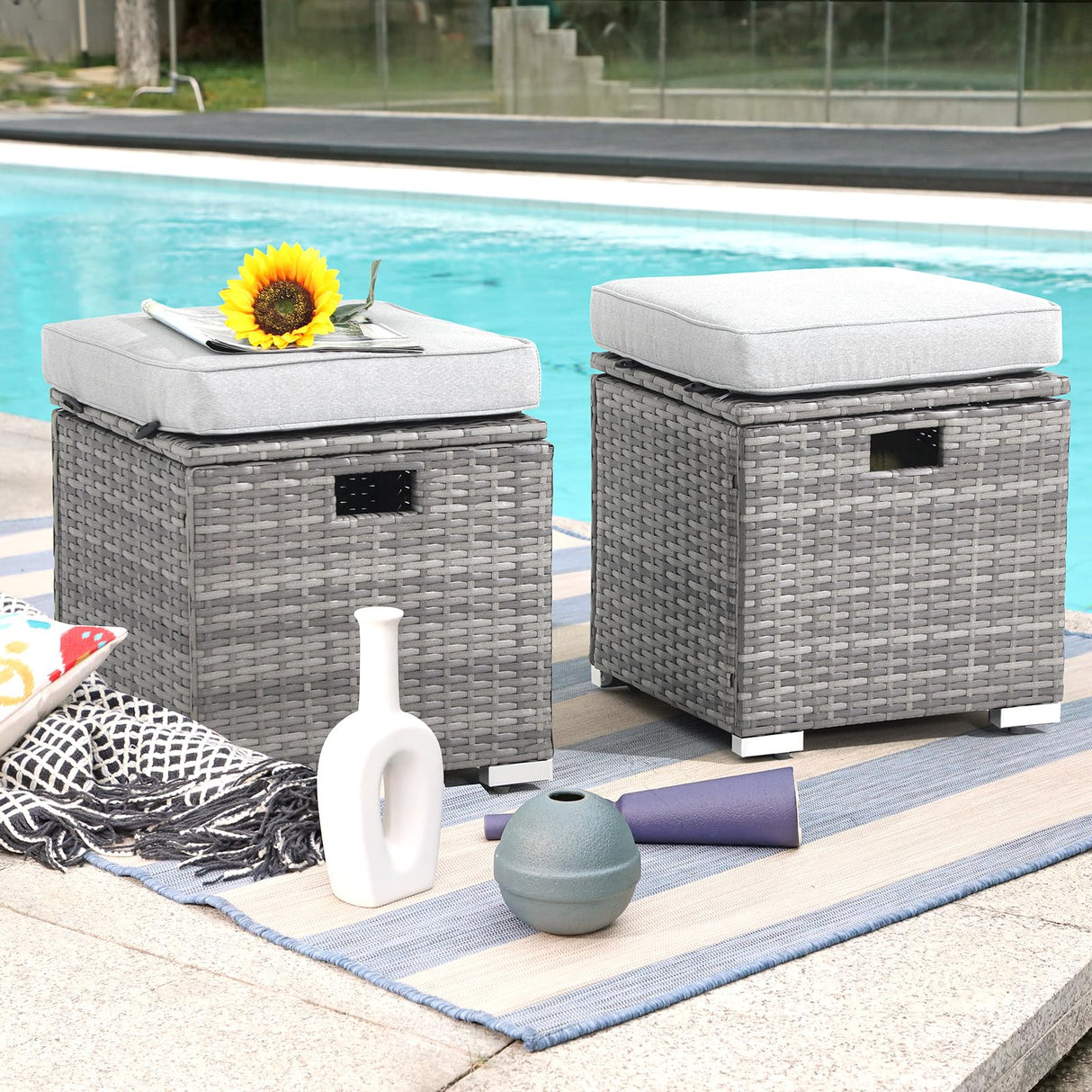 2 Piece Outdoor Patio Ottomans,All-Weather Grey PE Rattan Wicker Ottoman with Storage
