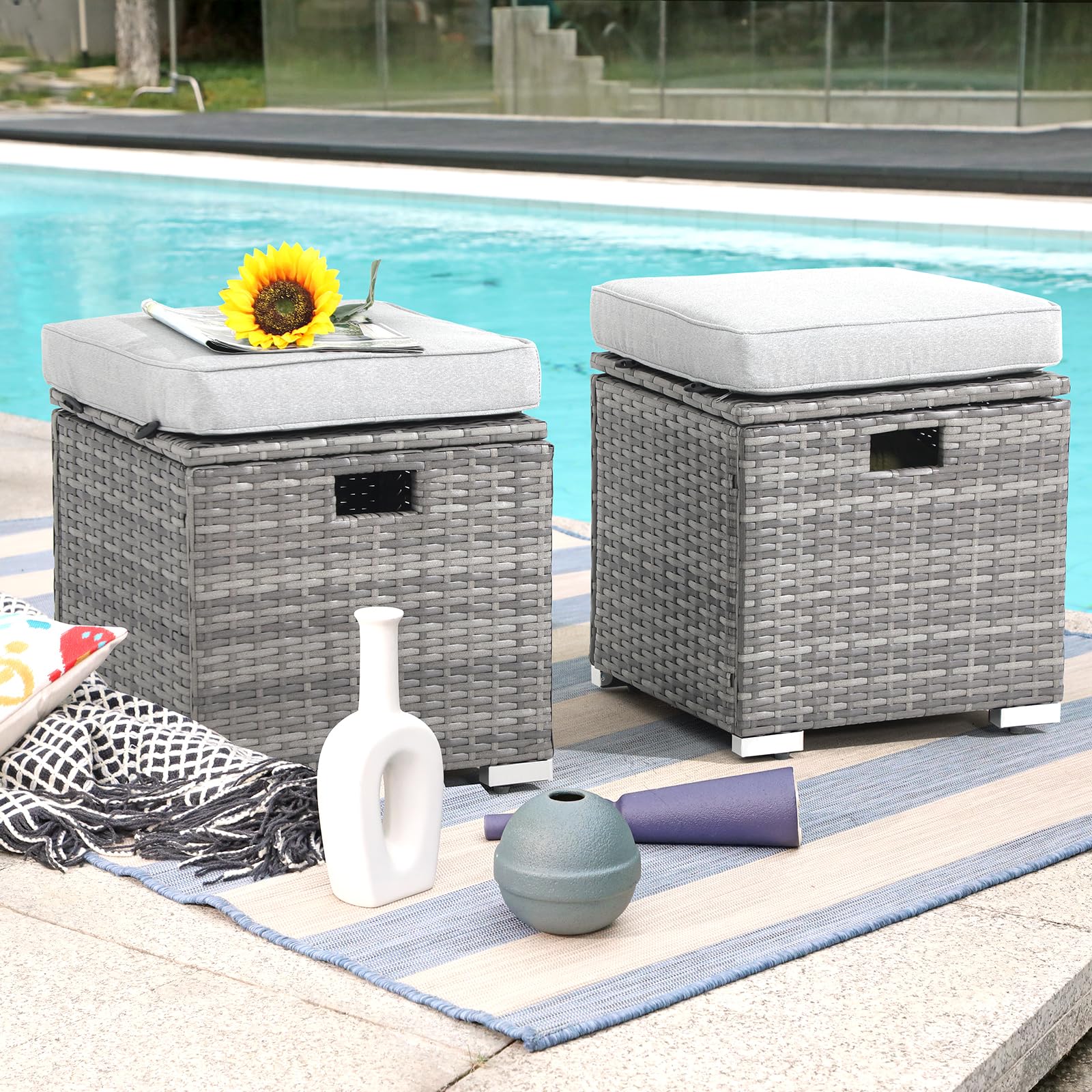 2 Piece Outdoor Patio Ottomans,All-Weather Grey PE Rattan Wicker Ottoman with Storage