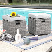 2 Piece Outdoor Patio Ottomans,All-Weather Grey PE Rattan Wicker Ottoman with Storage