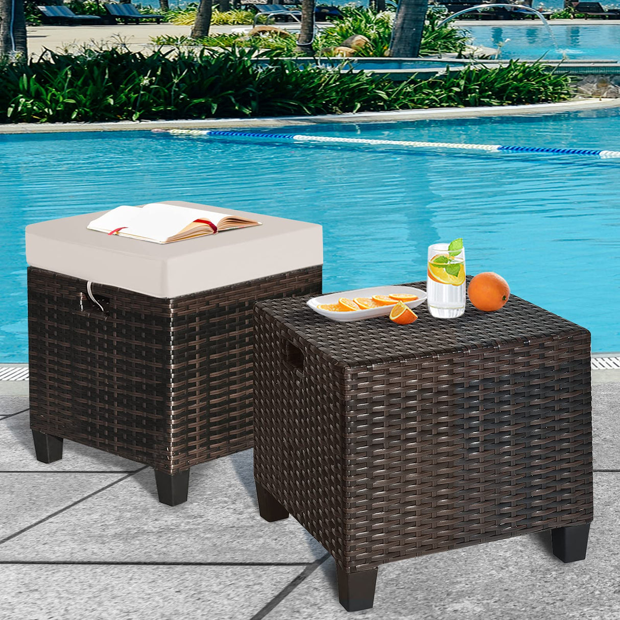 2-Piece Rattan Patio Ottoman, All Weather Wicker Ottoman w/Removable Cushion