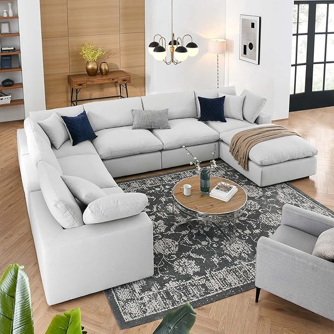 Down-Filled Overstuffed Boucle Fabric 7-Piece Sectional Sofa