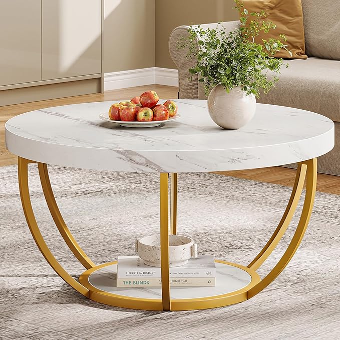 Round Coffee Table, 31.7" Wooden 2-Tier Circle Coffee Table with Storage Shelves
