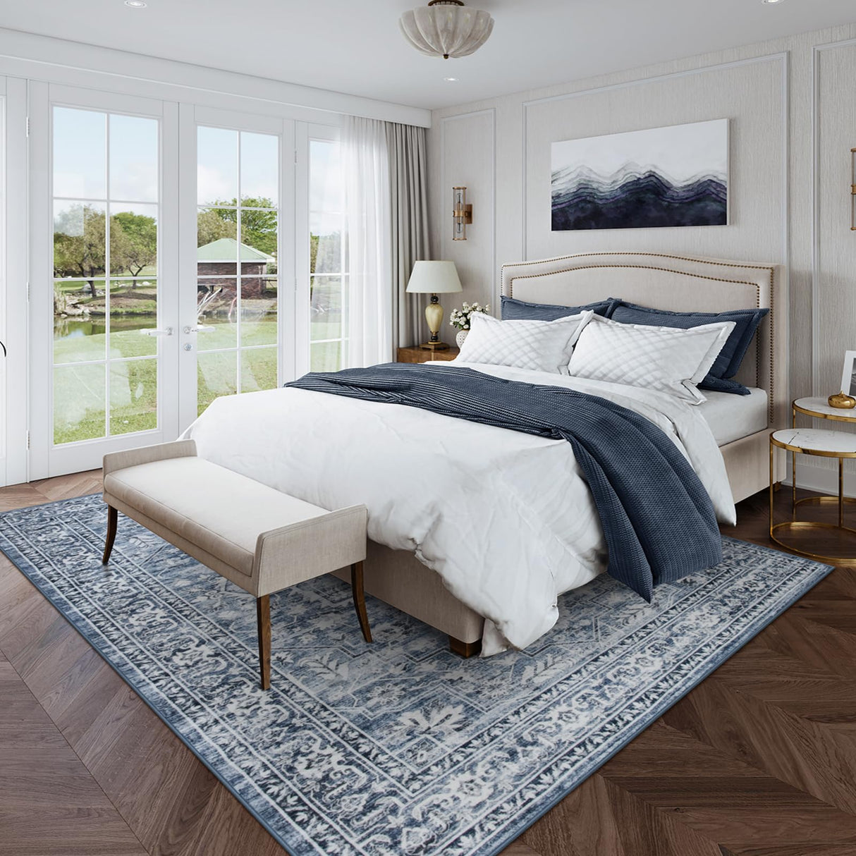 Oriental Washable Rugs 8x10, Blue 8x10 Area Rugs for Living Room Soft Ultra-Thin