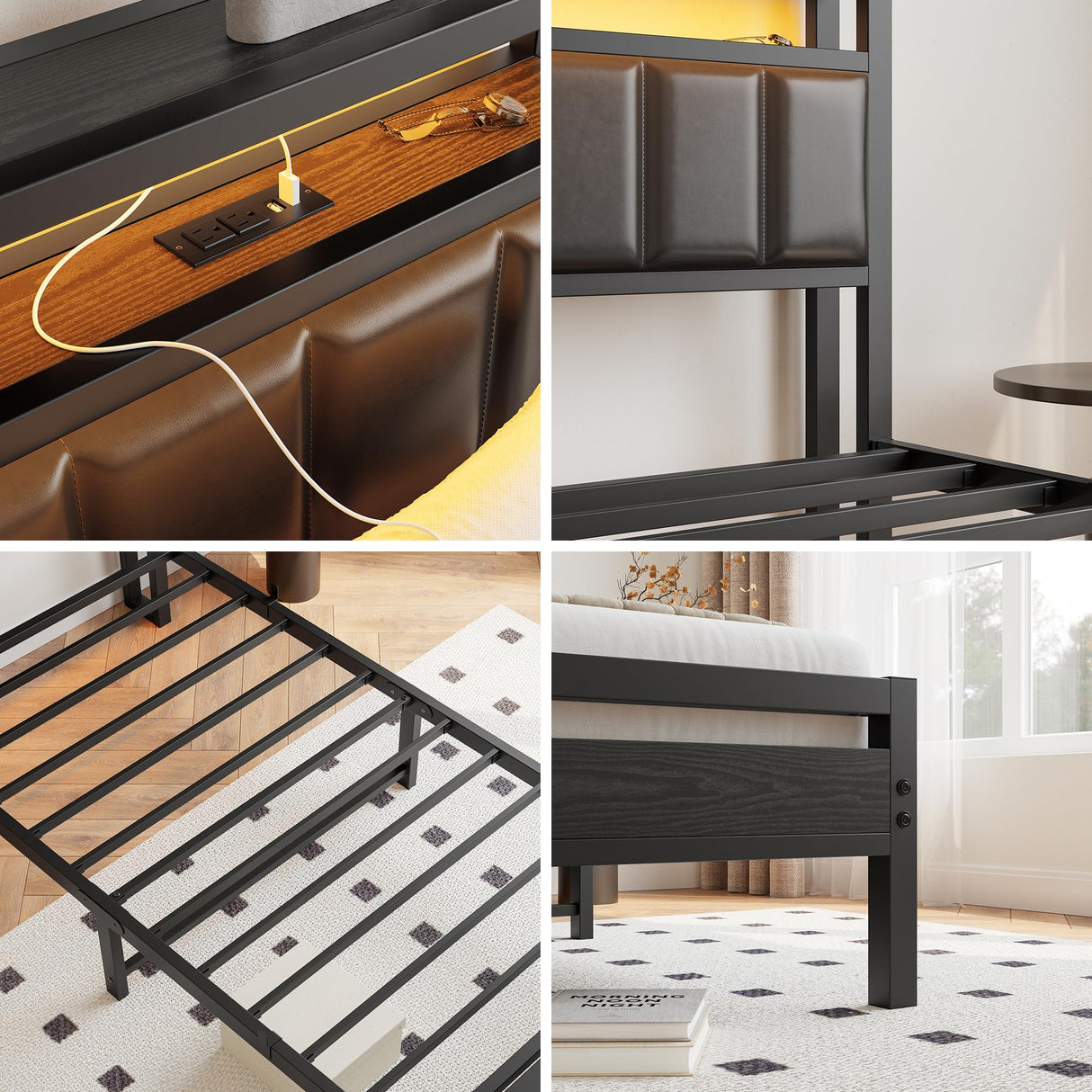 Twin Bed Frame with Charging Station & LED Lights