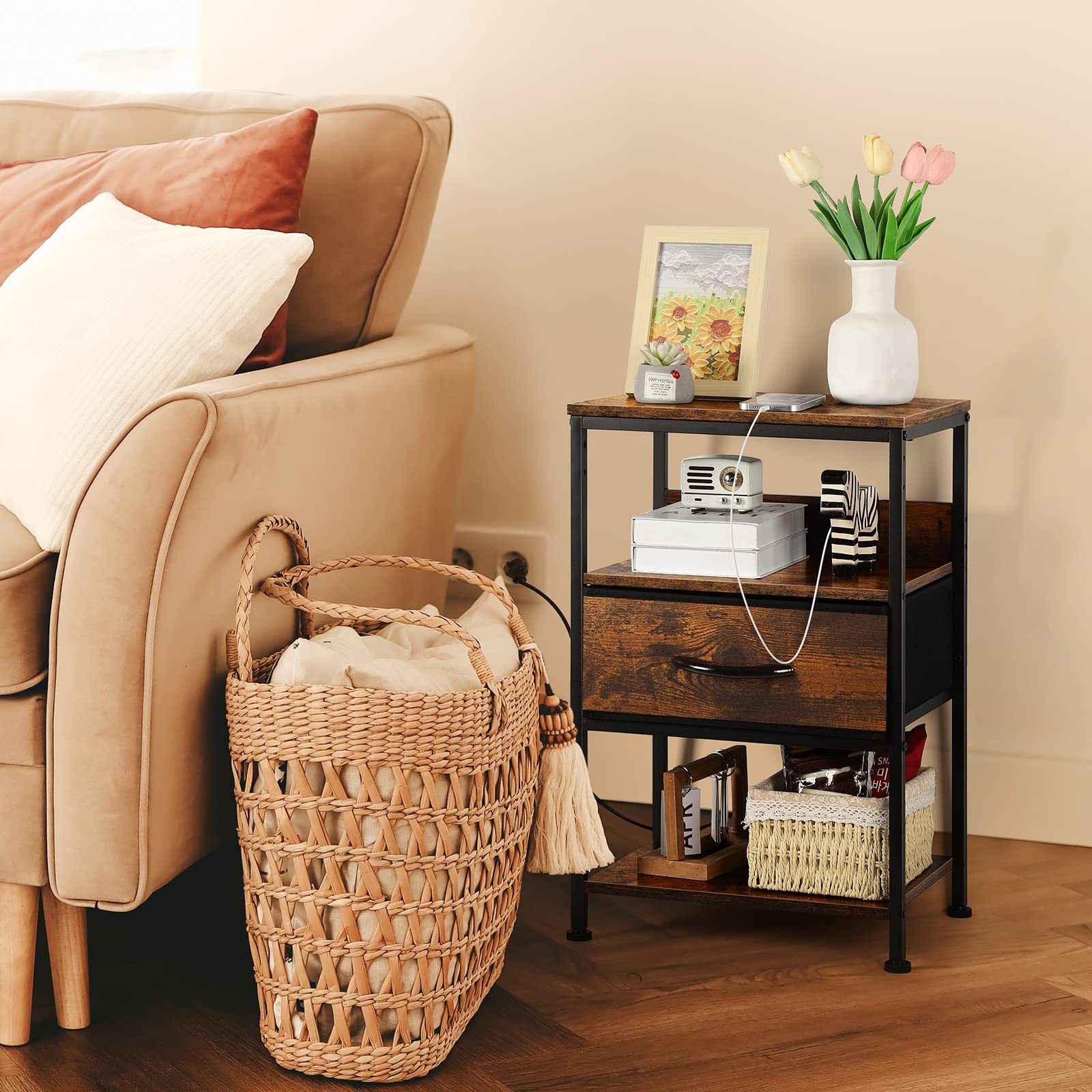 Nightstand with Charging Station Bed Side Table