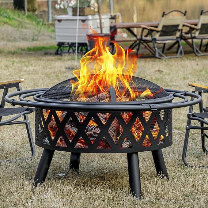26 inch Fire Pit with Grill & Lid, Firepits for Outside Wood Burning Fire Pit Table