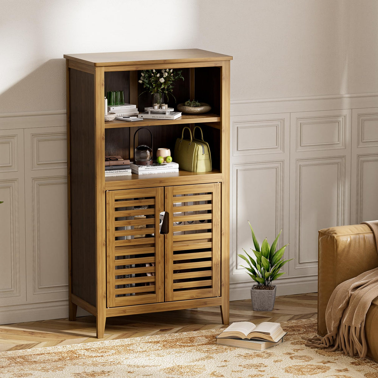 Walnut Bathroom Floor Cabinet, Bamboo Side Tall Storage Organizer