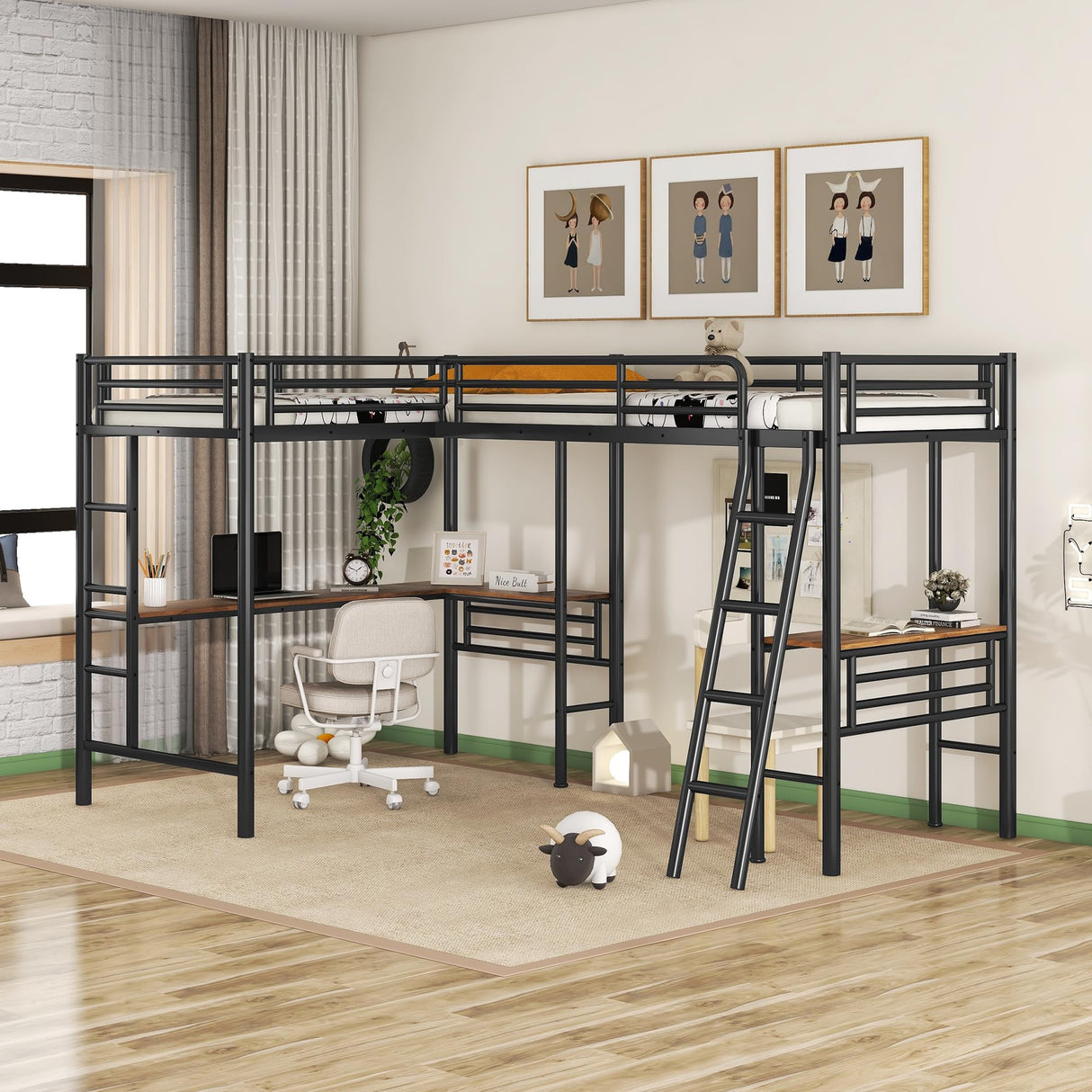 L-Shape Loft Beds with Two Desk Metal Double Twin Loft Beds