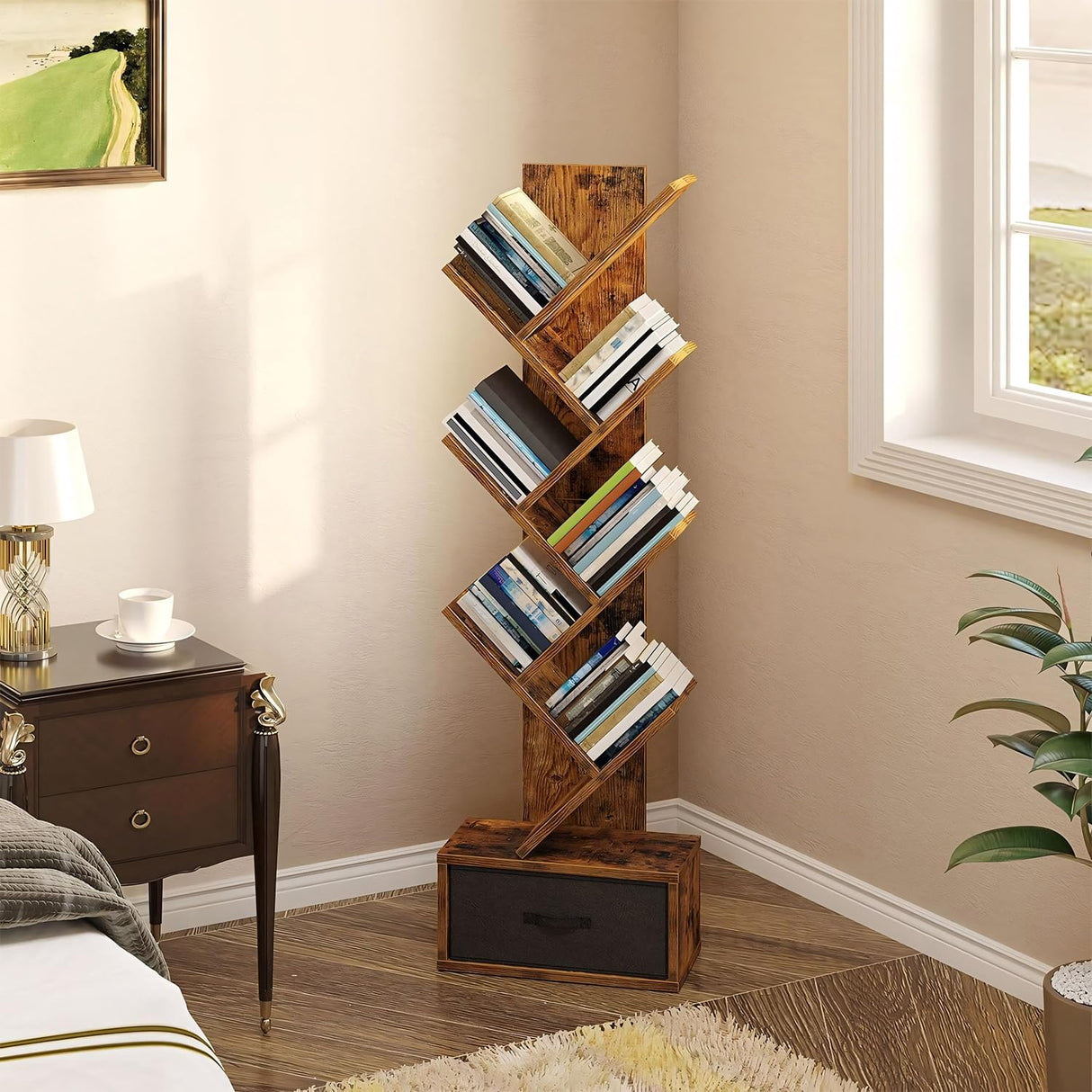 SUPERLELE 6 Shelf Bookshelf with Drawer, Retro Tree Bookcase Floor Standing Bookcase for CDs/Movies/Books, Utility Book Organizer Shelves for Bedroom, Living Room, Home Office