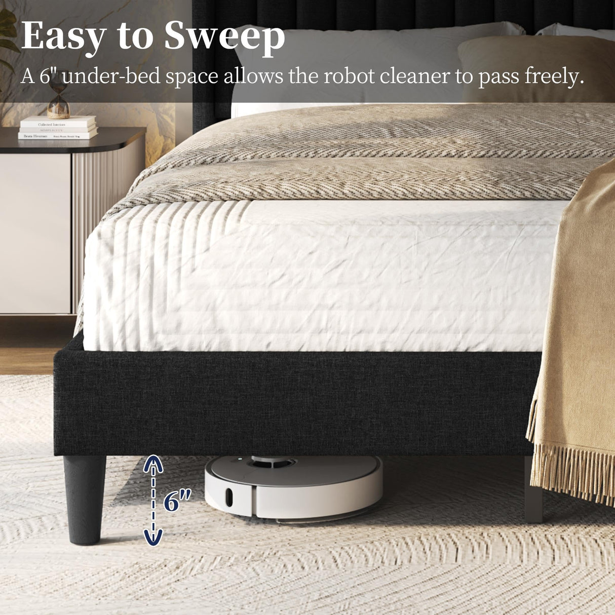 Queen Upholstered Platform Bed Frame with Fabric Headboard - Black