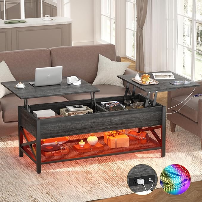 Coffee Table, Lift Top Coffee Table with LED Light and Power Outlet
