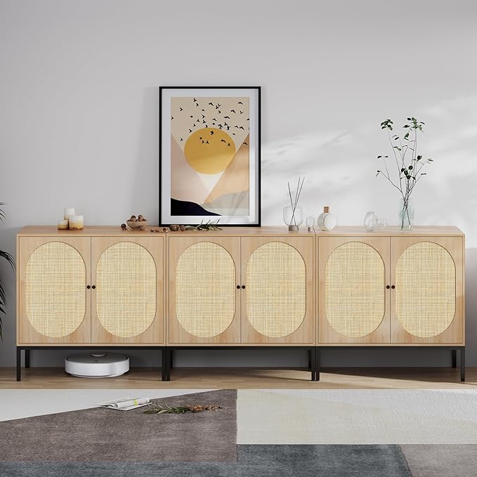 Cabinet with Natural Rattan Hand-Woven Doors, Rattan Cabinet Console Table Buffet Storage Accent Credenza, for Kitchen Living Room Hallway Entryway-2 Pieces,
