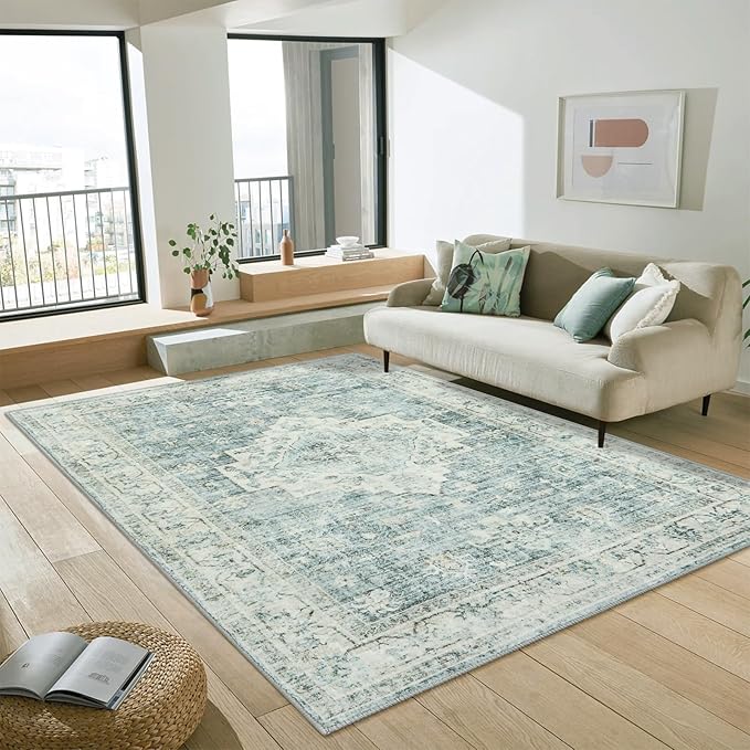 Machine Washable Rug 5x7 Sage Green Rugs for Living Room, Non Slip Vinatge Rug Boho