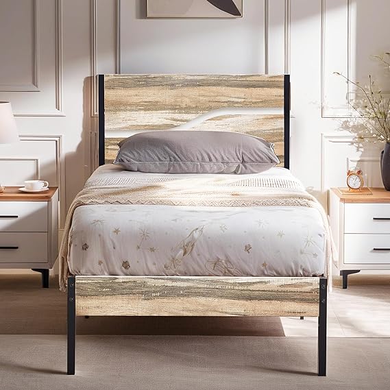 Platform Bed Frame Twin Size with Rustic Vintage Wood Headboard, Mattress Foundation