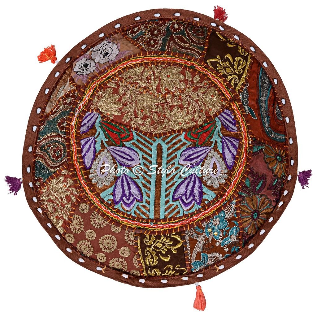 Indian Pouf Cover Cotton Patchwork Embroidered Ottoman Brown Floral Pouffe Seating