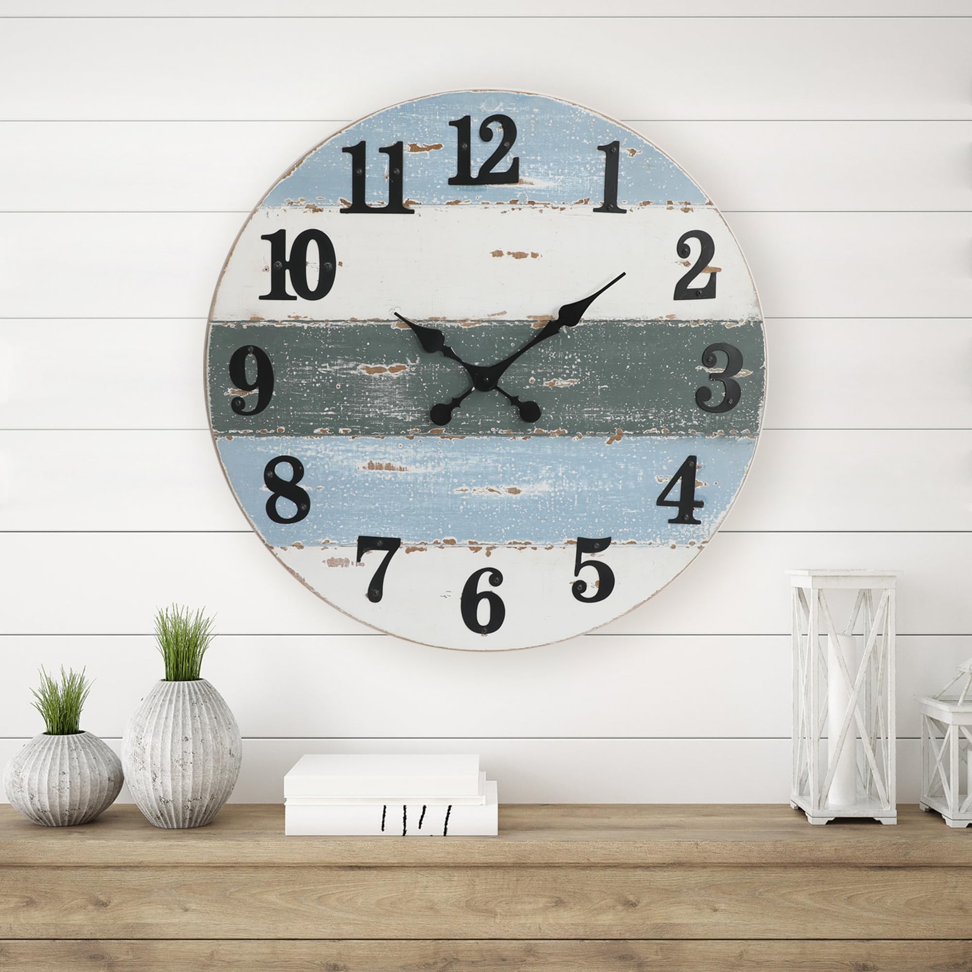 Large Beach Coastal Nautical Wall Clock, 24 Inch Wooden Wall Clocks Battery Operated