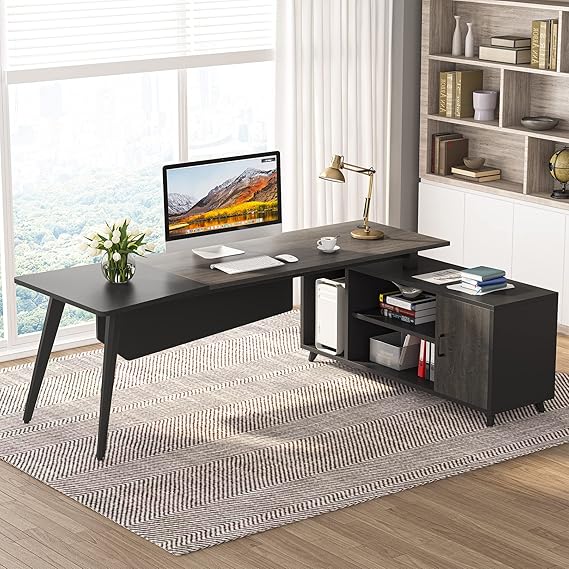 L-Shaped Executive Computer Desk – 78.74" Large Office Desk with File Cabinet