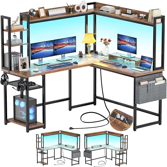 L Shaped Desk with Power Outlet, L Shaped Gaming Desk with Led Light & Hutch