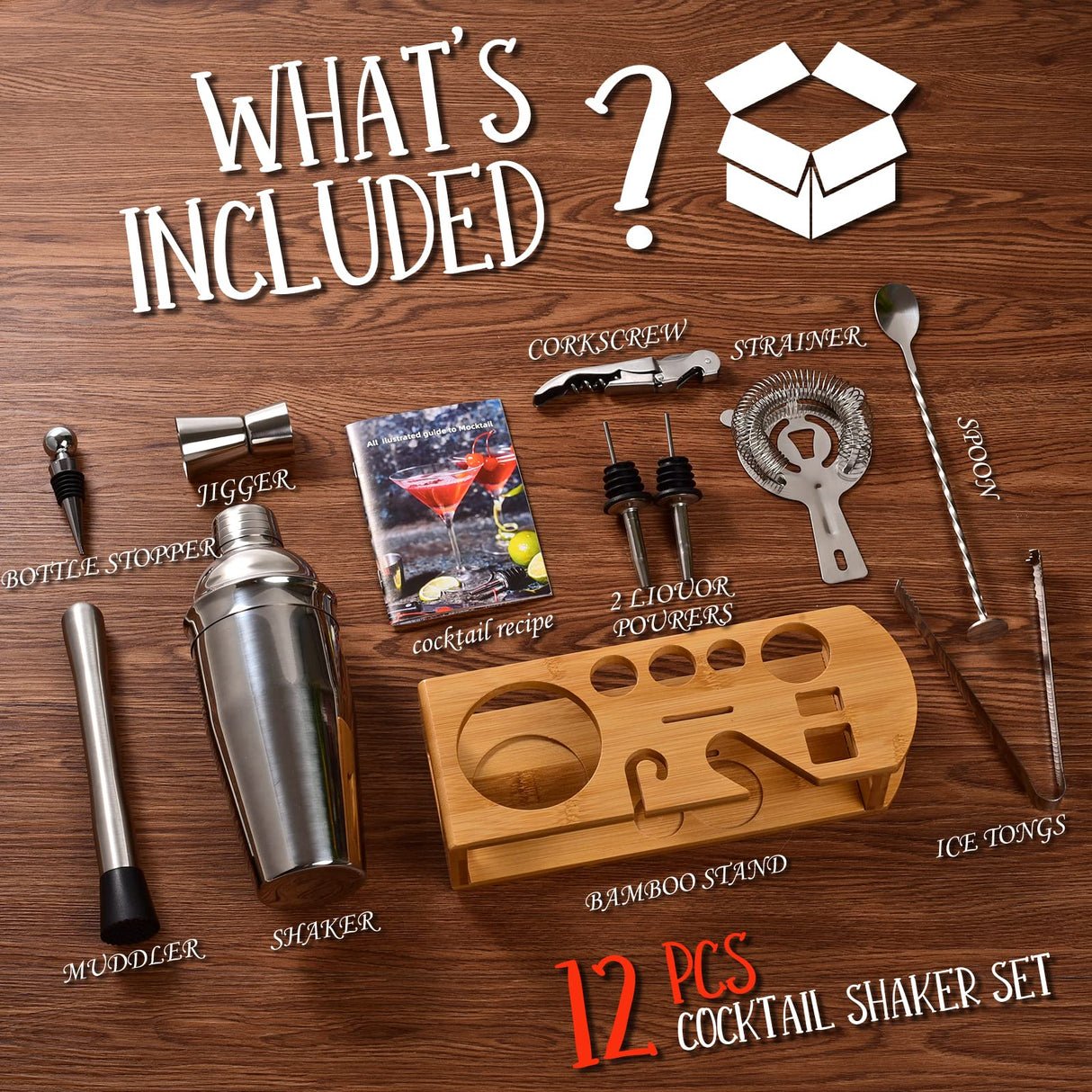 Cocktail Shaker Set Bartender Kit 12-Piece Bar Tool Set with Bamboo Stand Bar Set