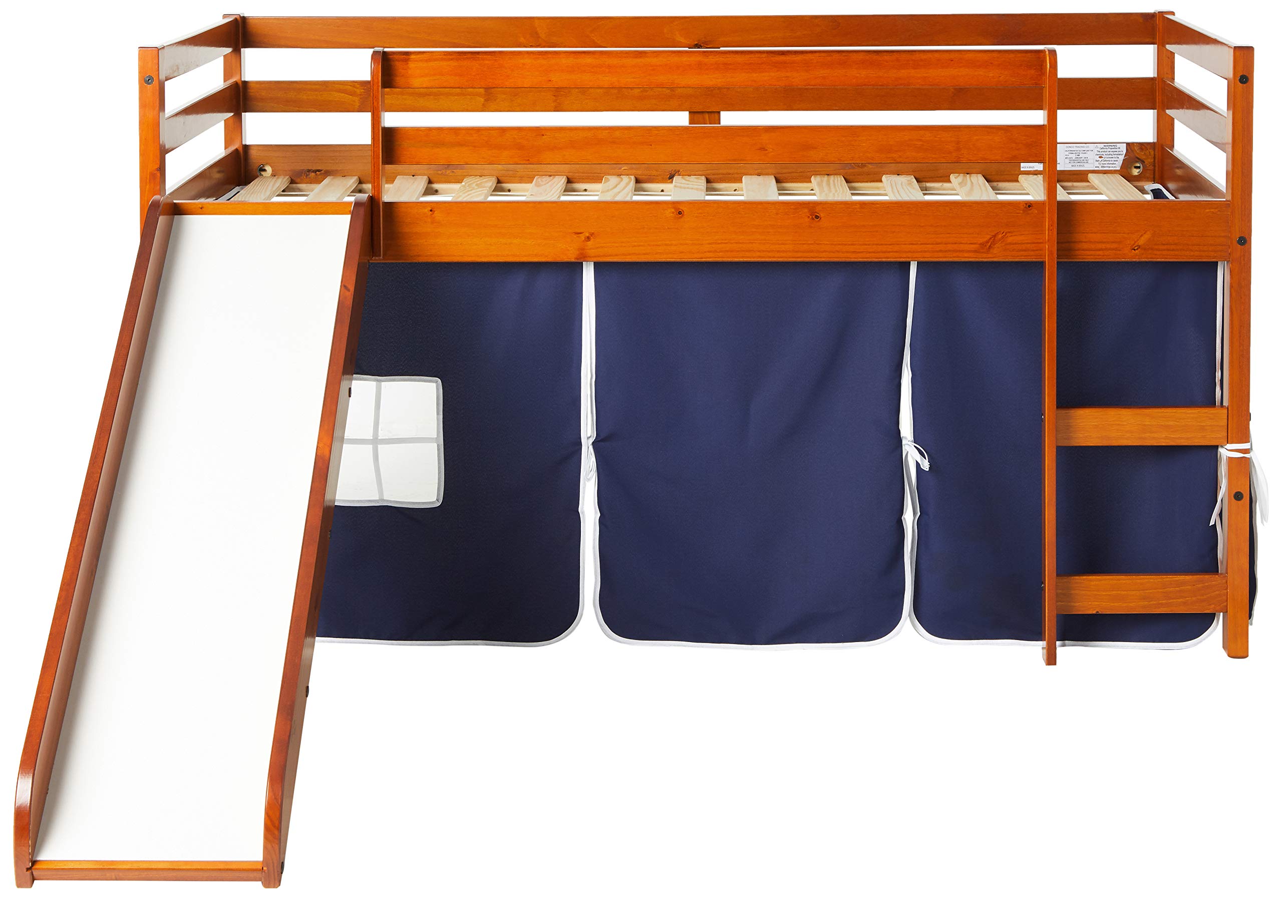 Low Loft Bed with Slide with Tent, Twin, Light Espresso/Blue