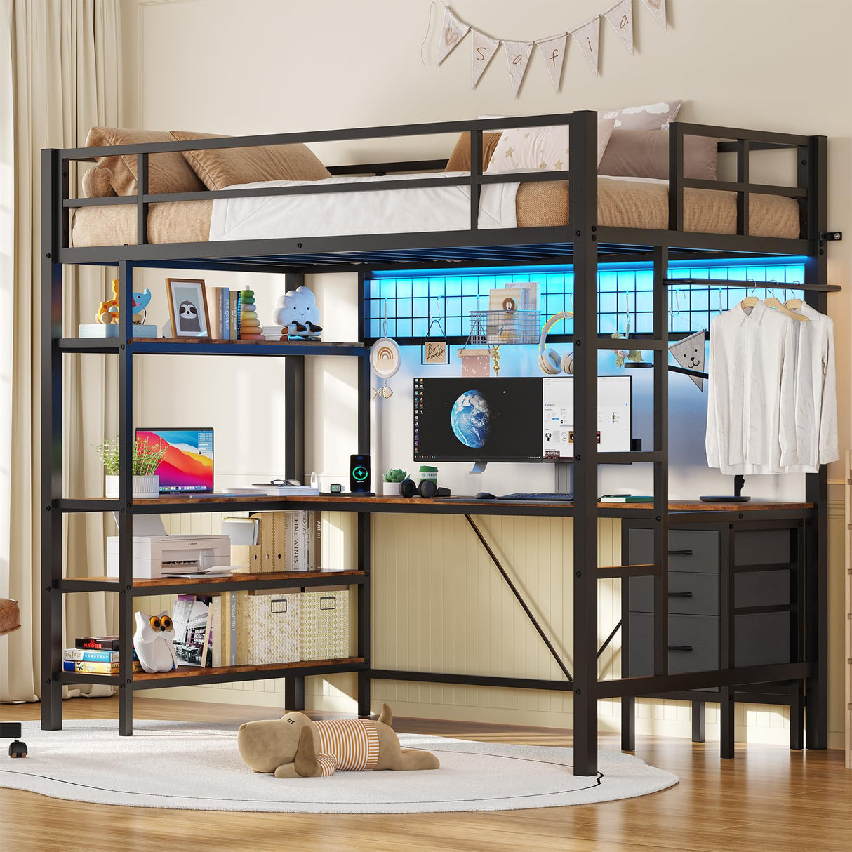 L-Shaped Desk and Storage Shelves, Metal Loft Bed Frame with Power Outlet, LED Lights,