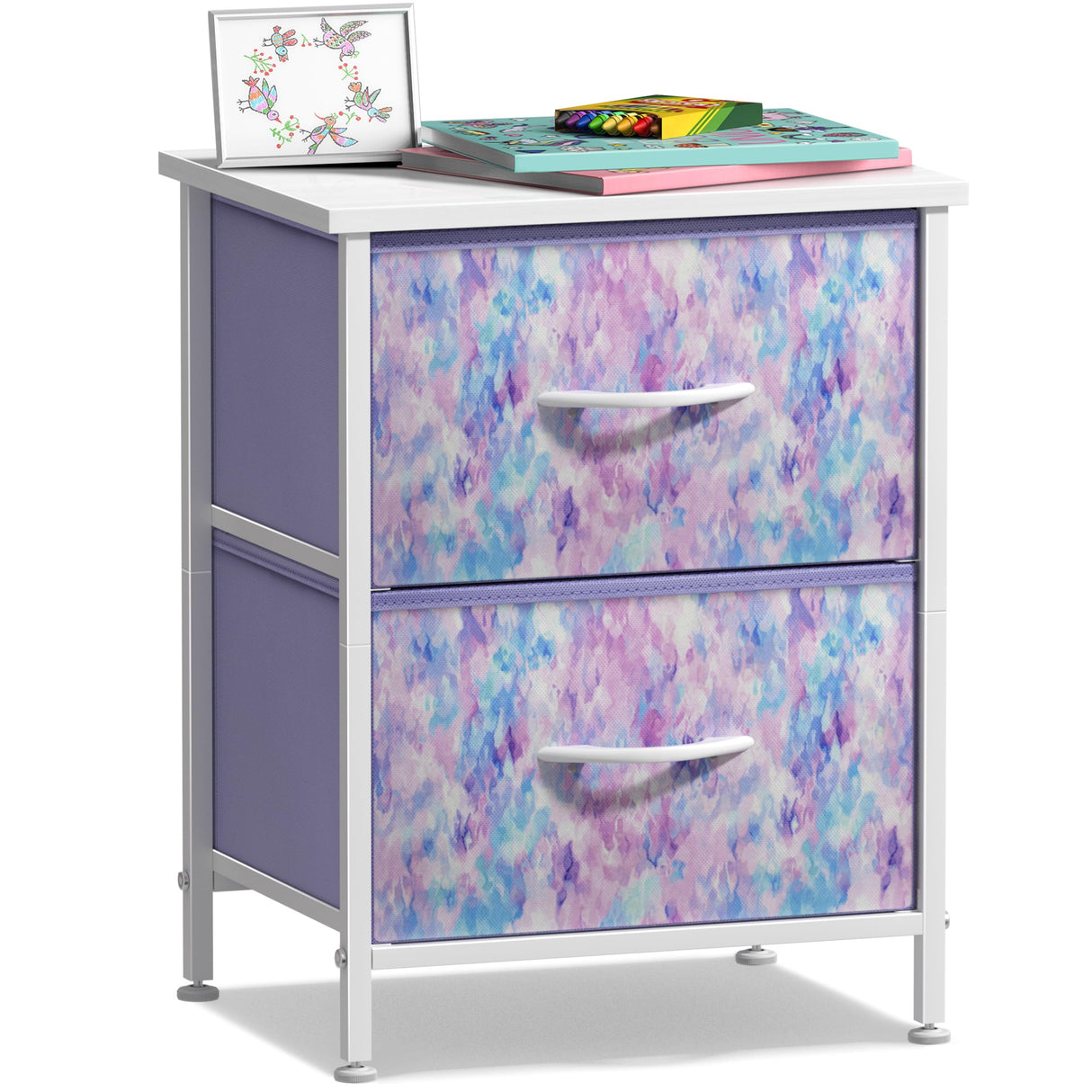 Nightstand with 2 Drawers - Kids Bedside Furniture End Table Night Stand - Steel Frame