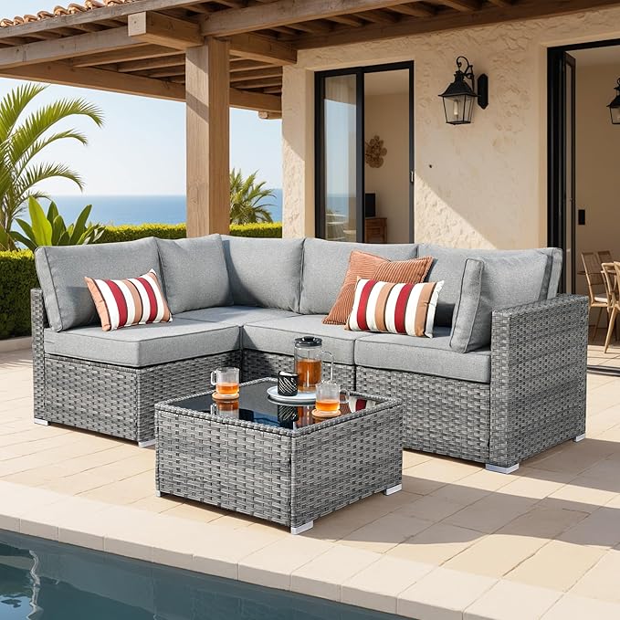 5 Pieces Patio Furniture Sets,Wicker Outdoor Sectional Sofa