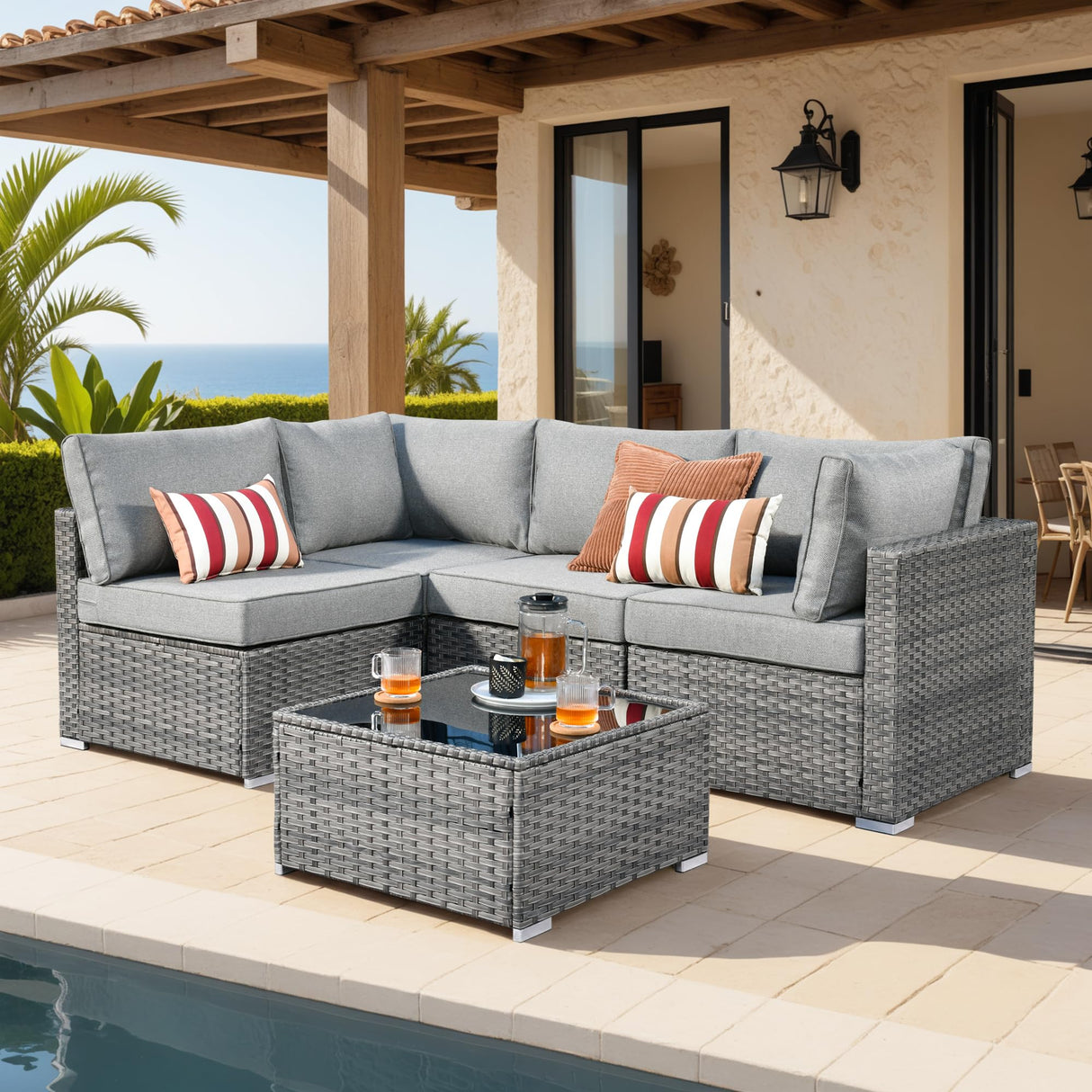 5 Pieces Patio Furniture Sets,Wicker Outdoor Sectional Sofa