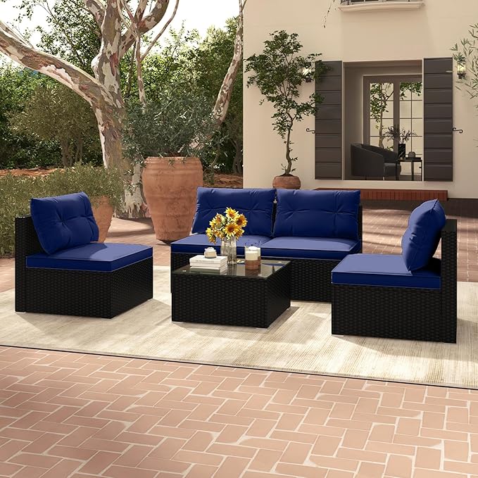 5-Piece Outdoor Patio Furniture Set, Rattan Sectional Sofa Set w/Glass-Top Coffee Table