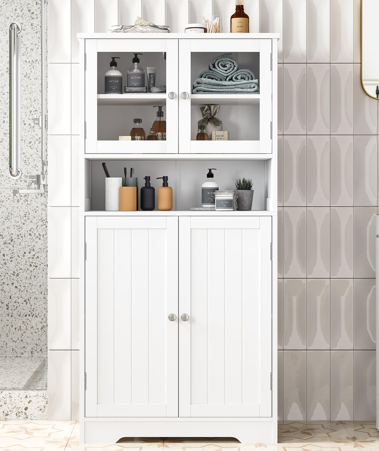 Bathroom Cabinet with Open Shelf, Large Pantry Cabinet with Doors