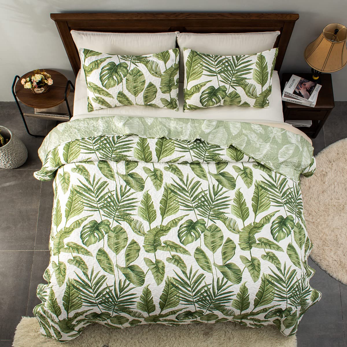 Green Palm Leaves Rainforest Style Fine Printed Reversible Bedspreads Bedding Sets