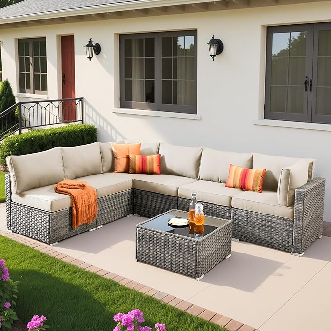 5 Pieces Patio Furniture Sets,Wicker Outdoor Sectional Sofa