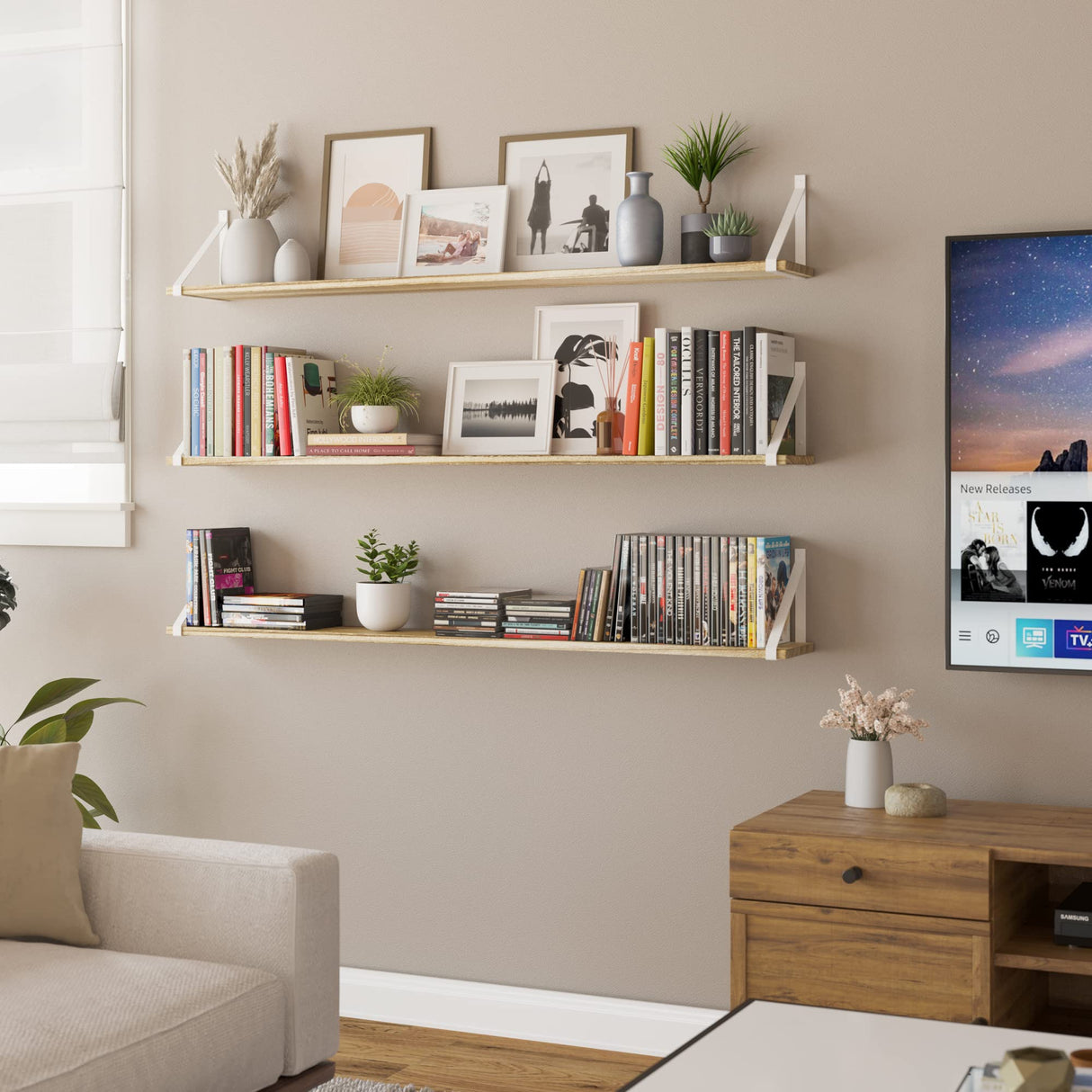 Bora Long Floating Shelves, 48" x 6" Wall Bookshelf Living Room Decor