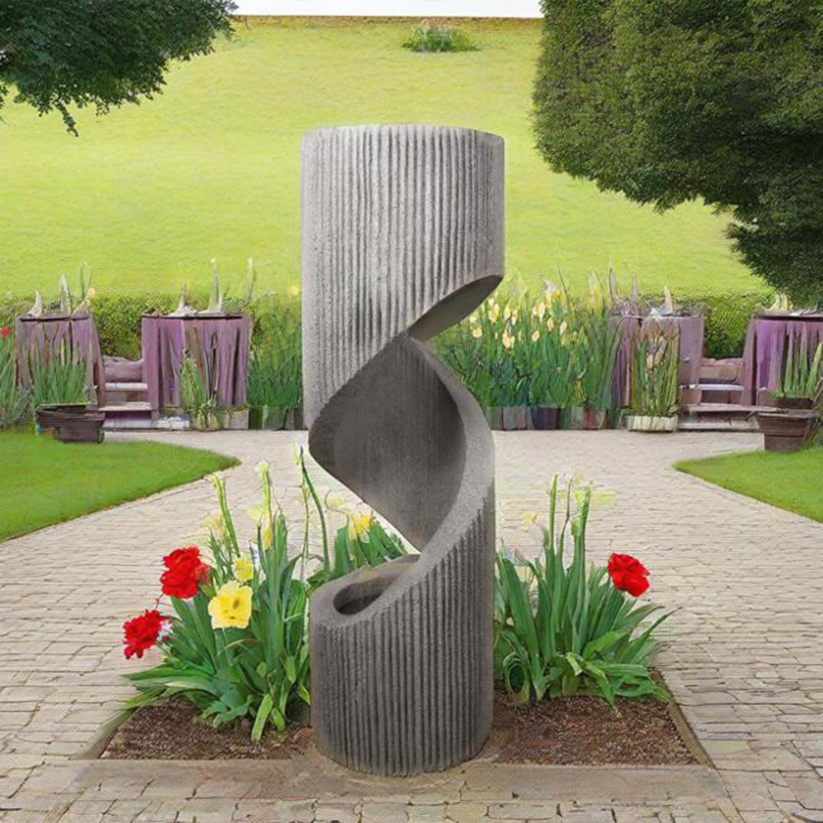 Large Spiral LED Waterfall Fountain with Planter - Indoor/Outdoor Resin Garden