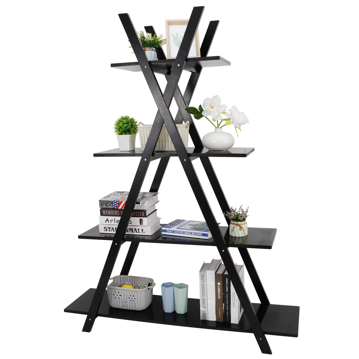A Frame Bookshelf Storage Shelves, 4 Tier Ladder Bookcase Free Standing